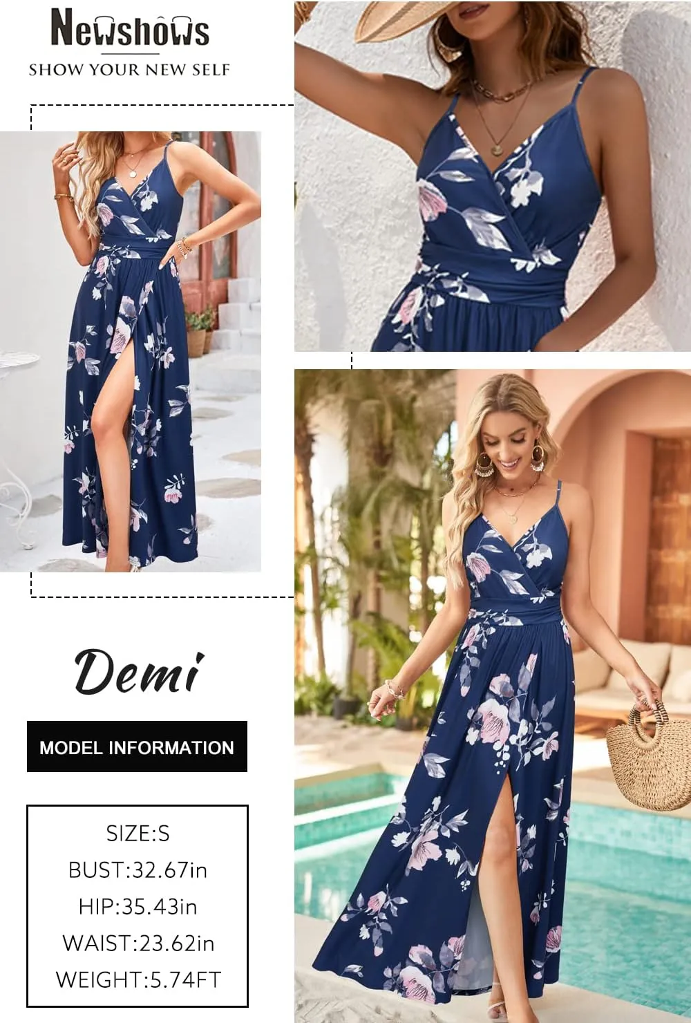 Newshows Women Summer 2025 Maxi Dress Vacation Floral Spaghetti Strap Spring Casual Boho Split Beach Long Flowy Sundress