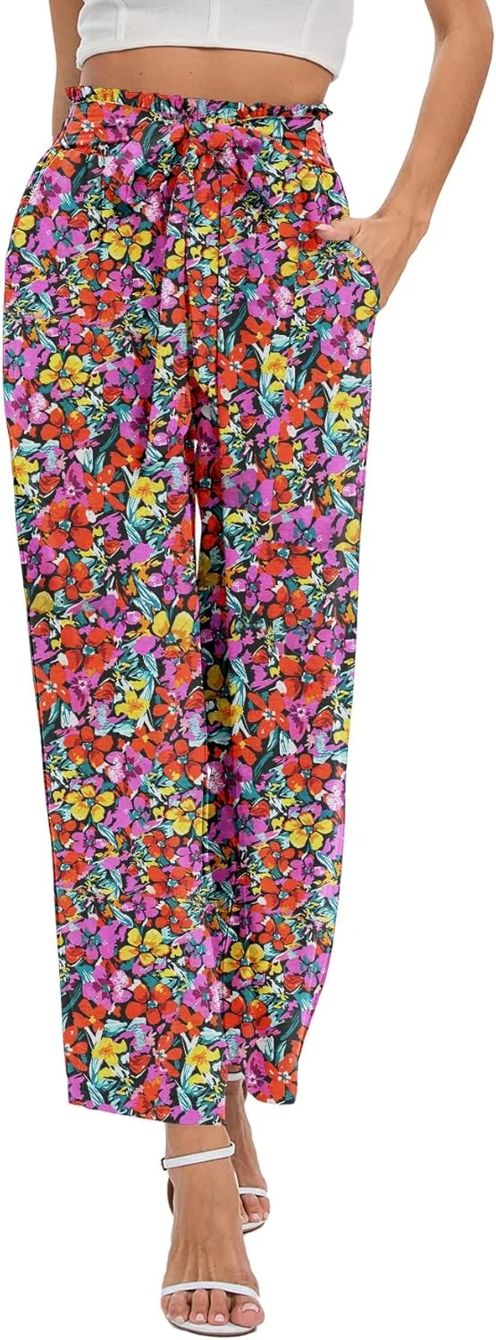 NILOUFO Women's Casual Wide Leg Pants High Waisted Lightweight Loose Long Trousers with Pockets Adjustable Tie Knot