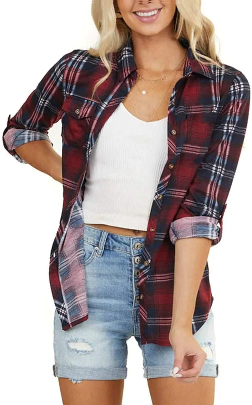 NUOREEL Women's Classic Plaid Shirt Button Down Shirts Roll Up Long Sleeve Cuffed Shirts