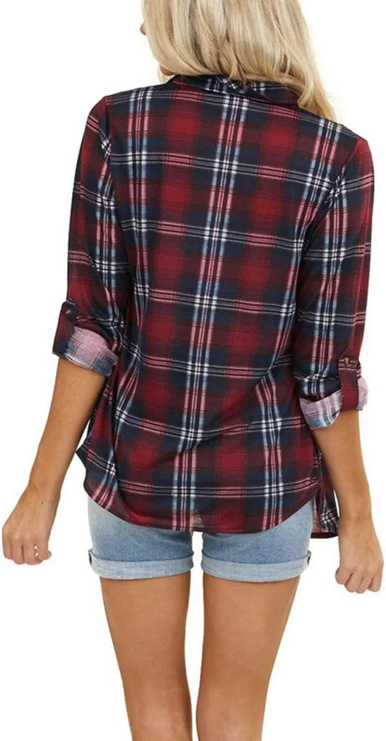 NUOREEL Women's Classic Plaid Shirt Button Down Shirts Roll Up Long Sleeve Cuffed Shirts