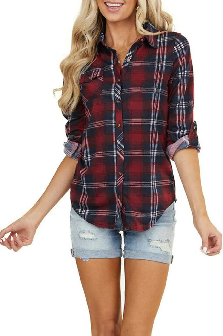 NUOREEL Women's Classic Plaid Shirt Button Down Shirts Roll Up Long Sleeve Cuffed Shirts