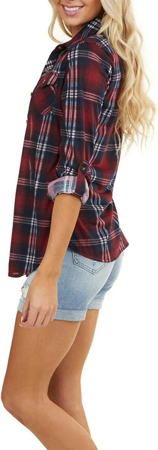 NUOREEL Women's Classic Plaid Shirt Button Down Shirts Roll Up Long Sleeve Cuffed Shirts