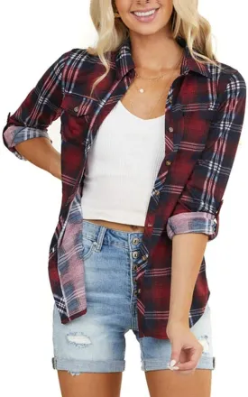 NUOREEL Women's Classic Plaid Shirt Button Down Shirts Roll Up Long Sleeve Cuffed Shirts