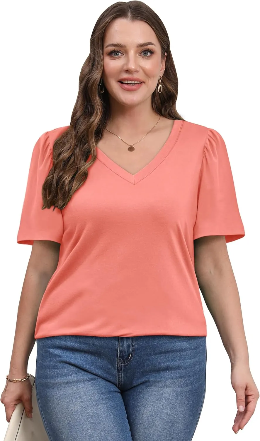 OFEEFAN T Shirts for Women V Neck Dressy Casual Blouses Puff Short Sleeve Summer Tops Loose Fit
