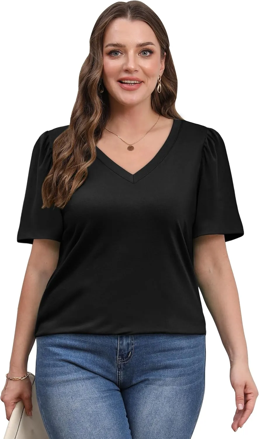 OFEEFAN T Shirts for Women V Neck Dressy Casual Blouses Puff Short Sleeve Summer Tops Loose Fit