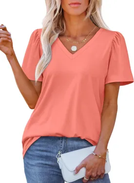 OFEEFAN T Shirts for Women V Neck Dressy Casual Blouses Puff Short Sleeve Summer Tops Loose Fit
