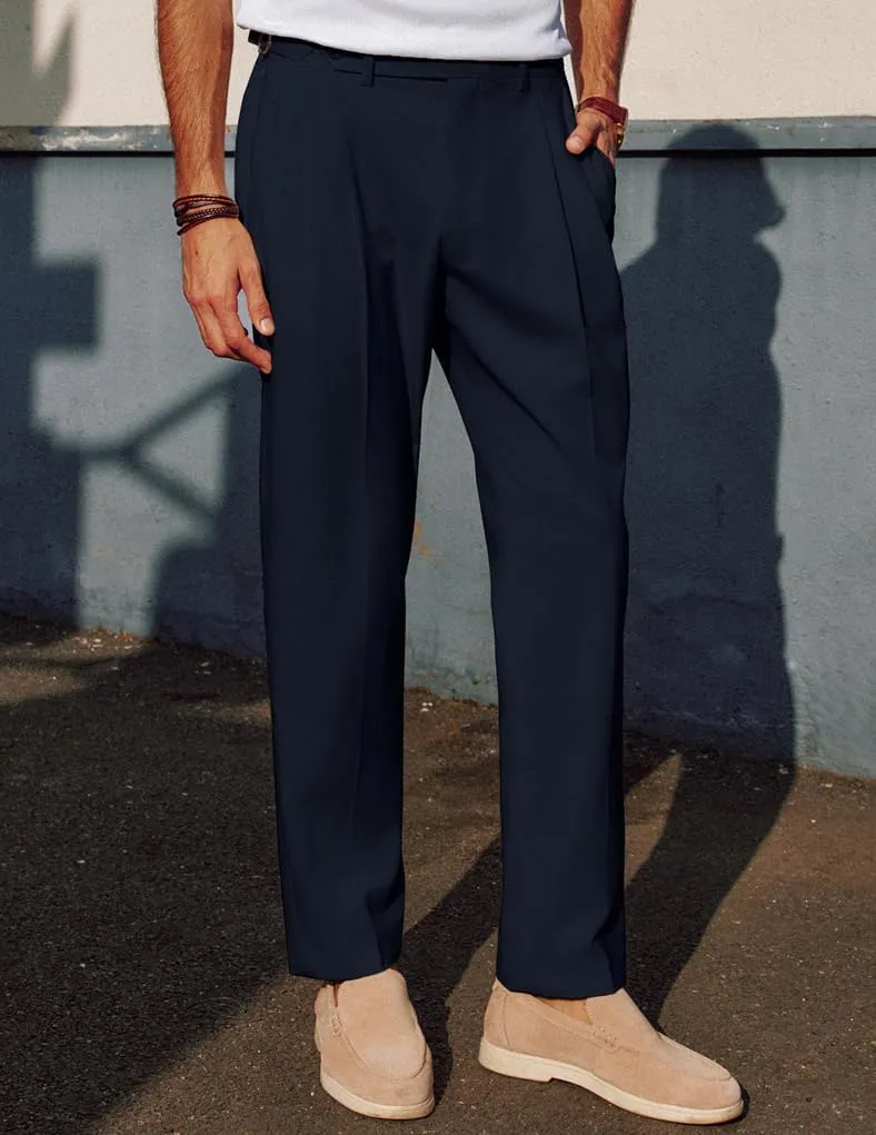PJ PAUL JONES Mens Linen Dress Pants Casual Slim Fit Expandable Wasit Pleated Front Trousers