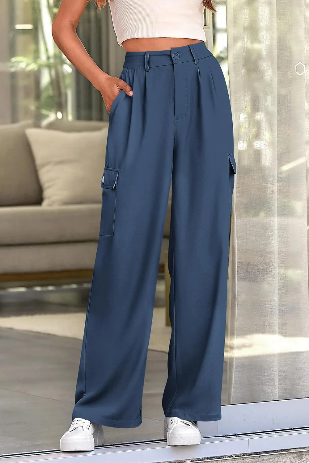 PRETTYGARDEN Women's Wide Leg Cargo Pants High Waist Business Casual Trousers Pant with Pockets