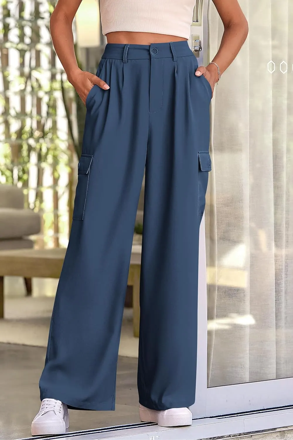 PRETTYGARDEN Women's Wide Leg Cargo Pants High Waist Business Casual Trousers Pant with Pockets