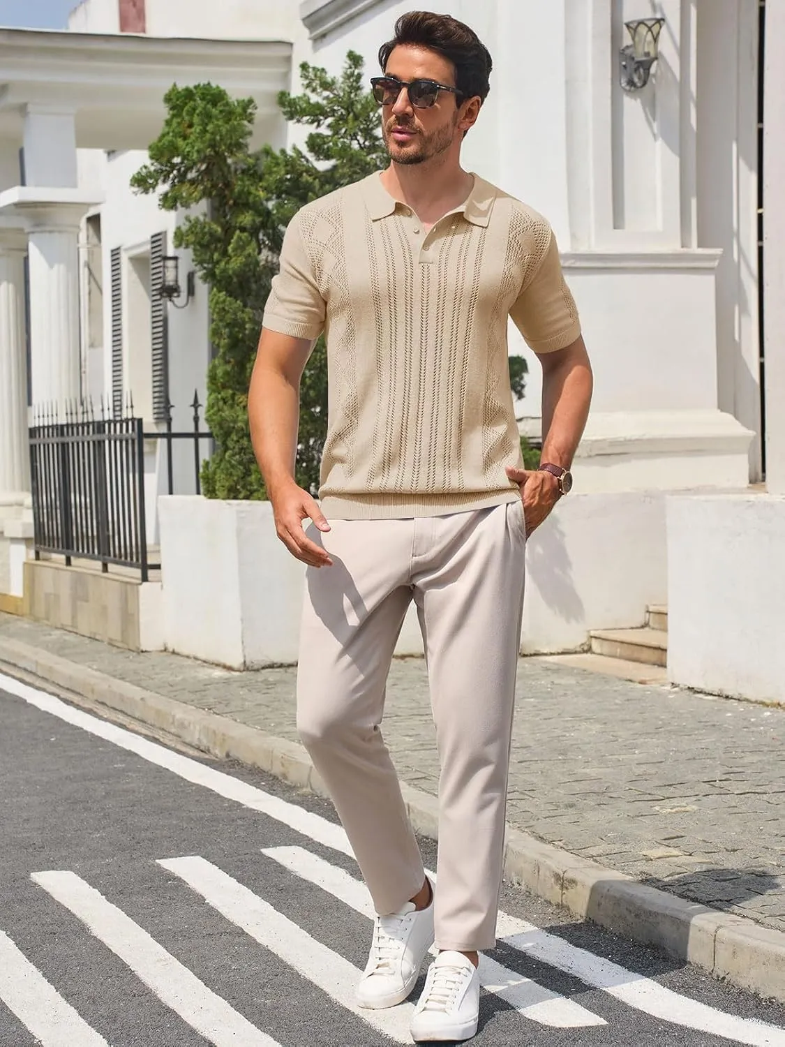 Runcati Mens Knit Polo Shirts Short Sleeve Slim Fit Casual Golf Shirts Hollow Out Cotton Summer Textured Tops
