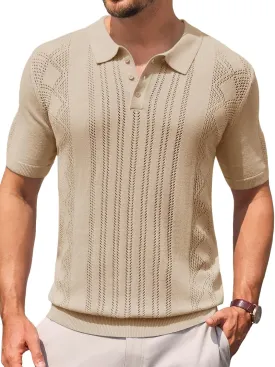 Runcati Mens Knit Polo Shirts Short Sleeve Slim Fit Casual Golf Shirts Hollow Out Cotton Summer Textured Tops