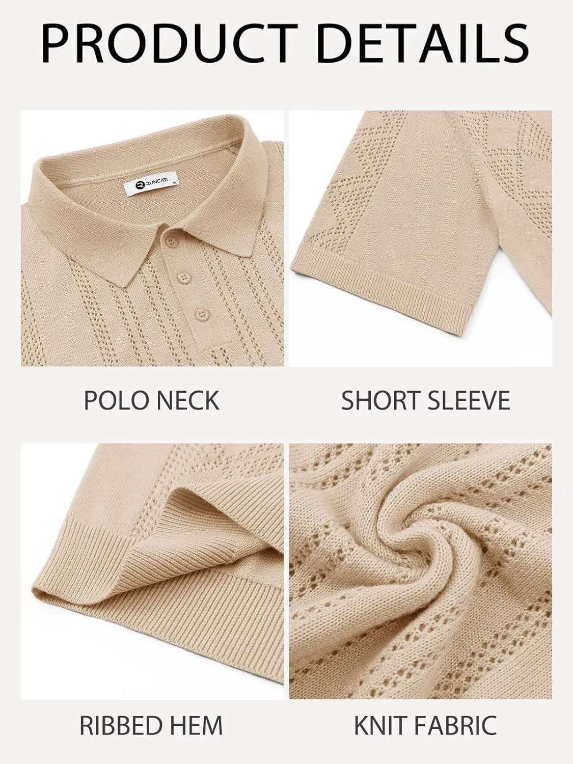 Runcati Mens Knit Polo Shirts Short Sleeve Slim Fit Casual Golf Shirts Hollow Out Cotton Summer Textured Tops