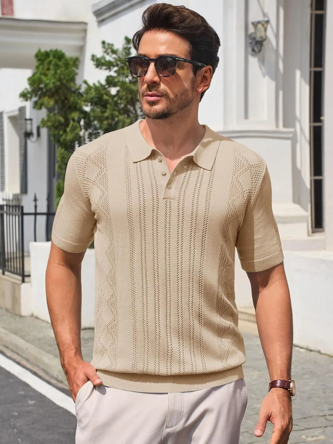 Runcati Mens Knit Polo Shirts Short Sleeve Slim Fit Casual Golf Shirts Hollow Out Cotton Summer Textured Tops