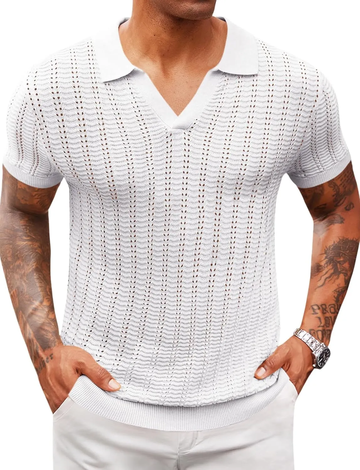Runcati Mens Knit Short Sleeve Polo Shirts Casual V Neck Hollow Out Sweater Golf Summer Shirt