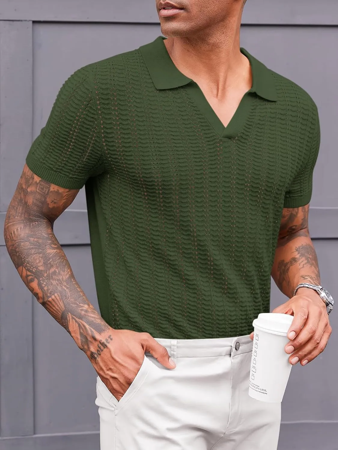 Runcati Mens Knit Short Sleeve Polo Shirts Casual V Neck Hollow Out Sweater Golf Summer Shirt