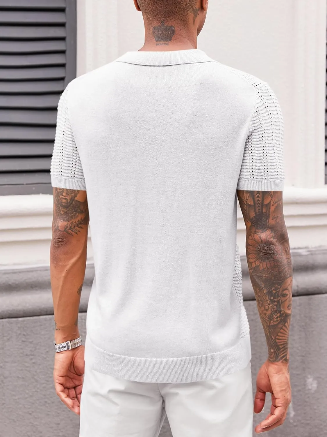 Runcati Mens Knit Short Sleeve Polo Shirts Casual V Neck Hollow Out Sweater Golf Summer Shirt