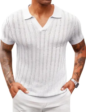 Runcati Mens Knit Short Sleeve Polo Shirts Casual V Neck Hollow Out Sweater Golf Summer Shirt