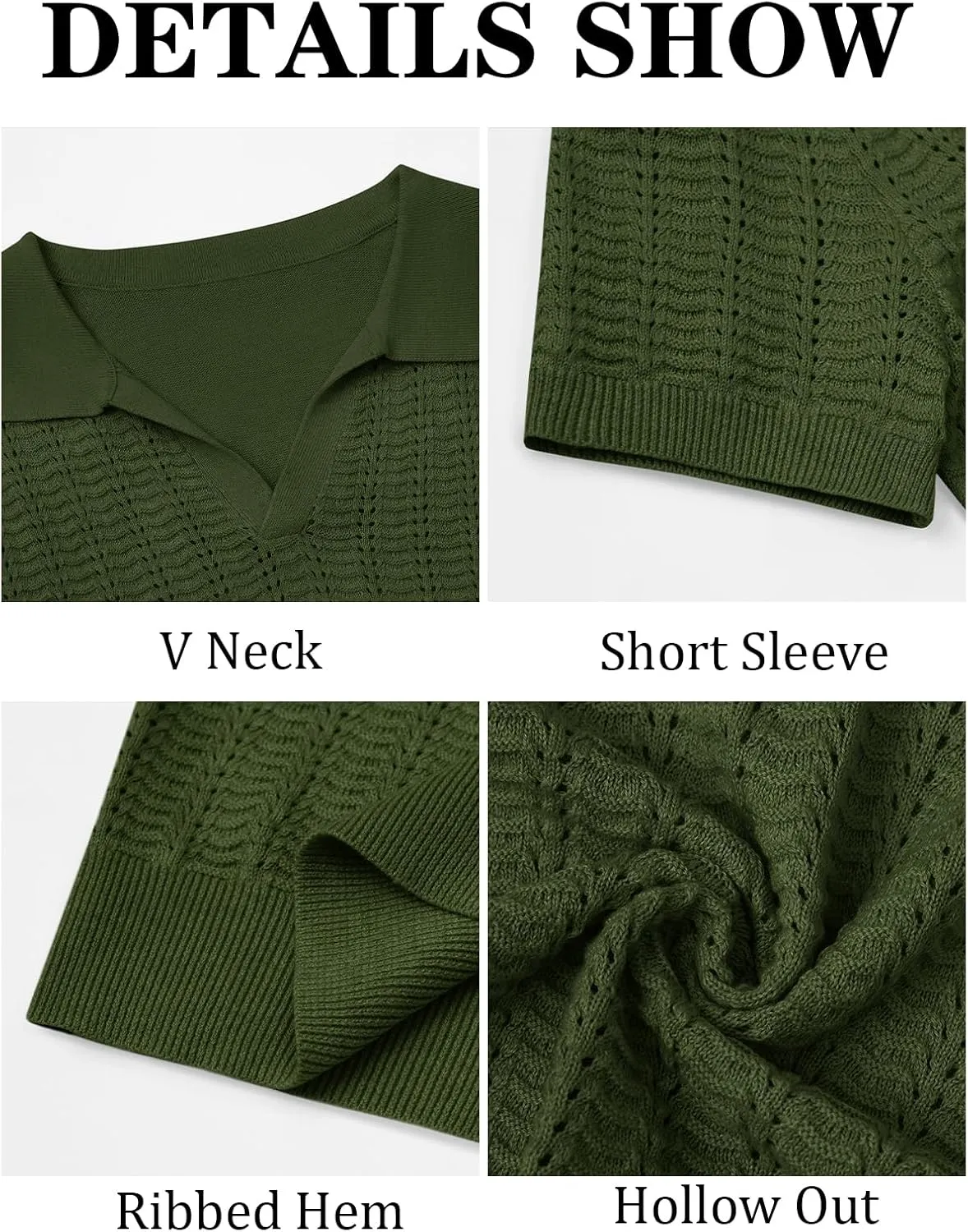 Runcati Mens Knit Short Sleeve Polo Shirts Casual V Neck Hollow Out Sweater Golf Summer Shirt