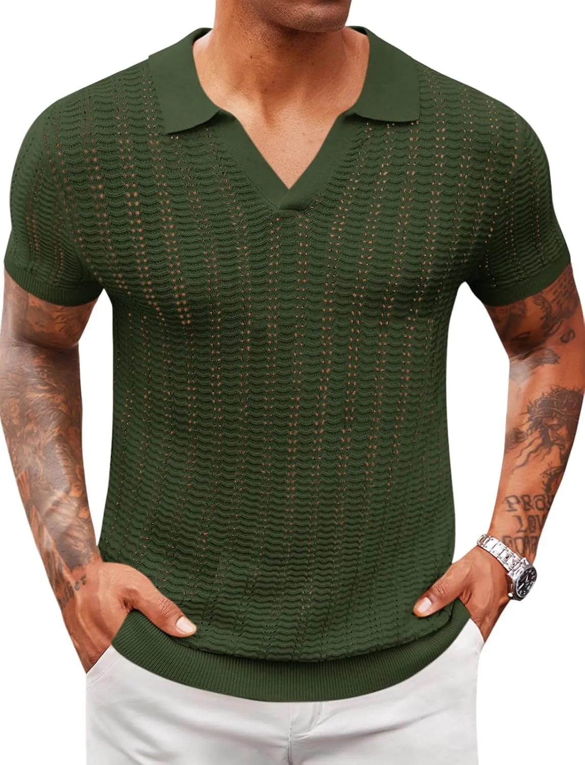 Runcati Mens Knit Short Sleeve Polo Shirts Casual V Neck Hollow Out Sweater Golf Summer Shirt