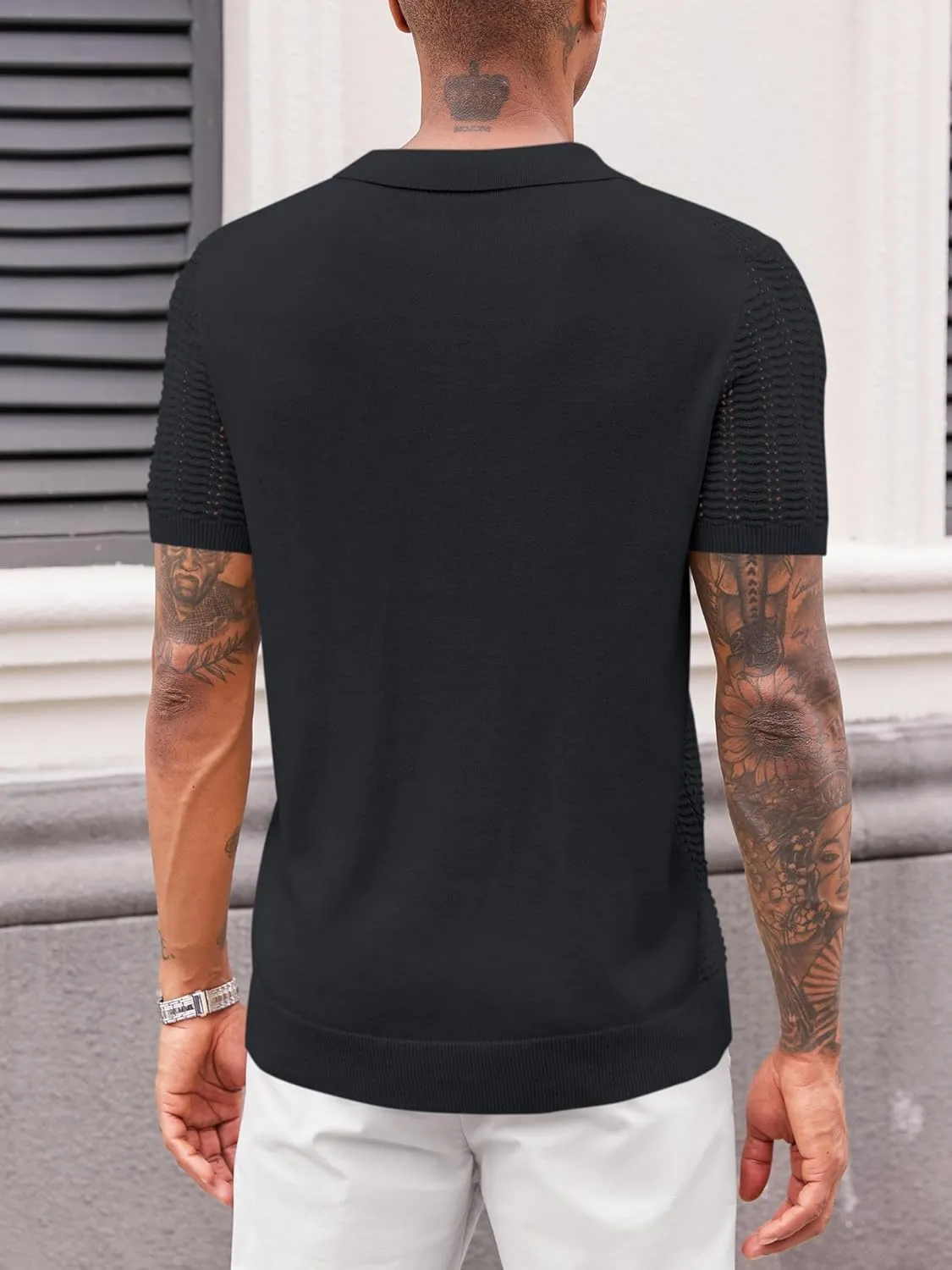 Runcati Mens Knit Short Sleeve Polo Shirts Casual V Neck Hollow Out Sweater Golf Summer Shirt