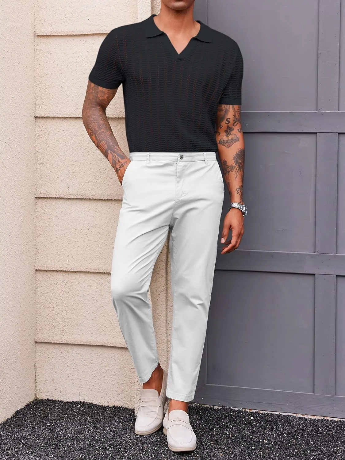 Runcati Mens Knit Short Sleeve Polo Shirts Casual V Neck Hollow Out Sweater Golf Summer Shirt