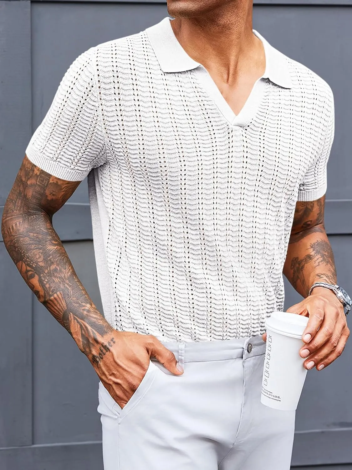 Runcati Mens Knit Short Sleeve Polo Shirts Casual V Neck Hollow Out Sweater Golf Summer Shirt