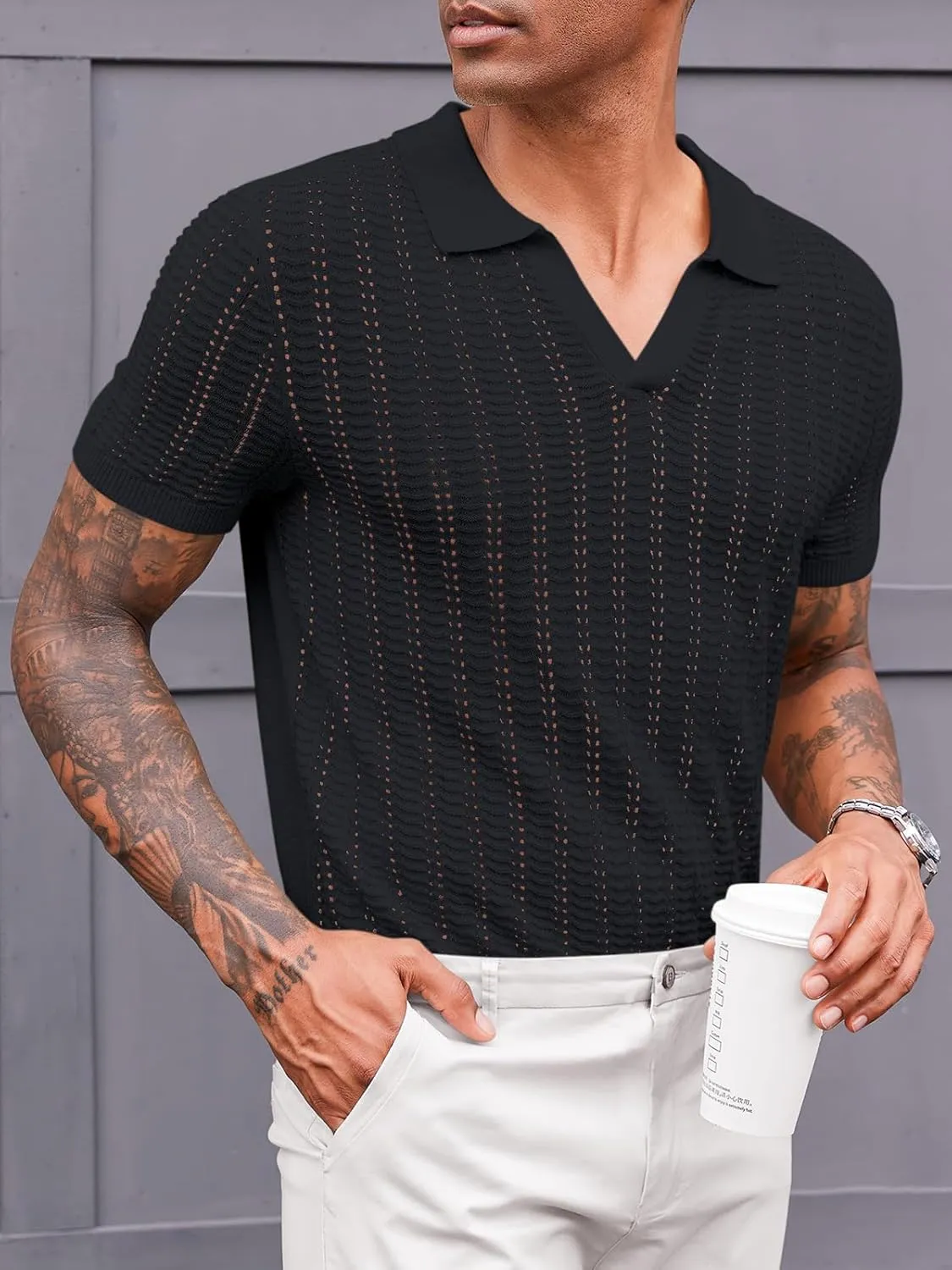 Runcati Mens Knit Short Sleeve Polo Shirts Casual V Neck Hollow Out Sweater Golf Summer Shirt
