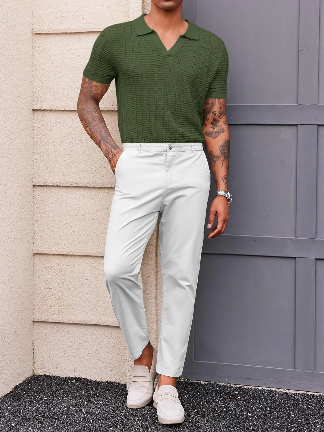 Runcati Mens Knit Short Sleeve Polo Shirts Casual V Neck Hollow Out Sweater Golf Summer Shirt