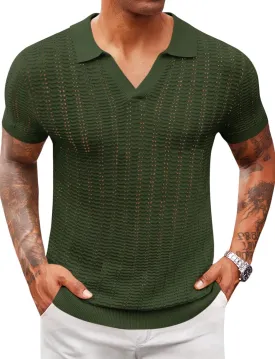 Runcati Mens Knit Short Sleeve Polo Shirts Casual V Neck Hollow Out Sweater Golf Summer Shirt