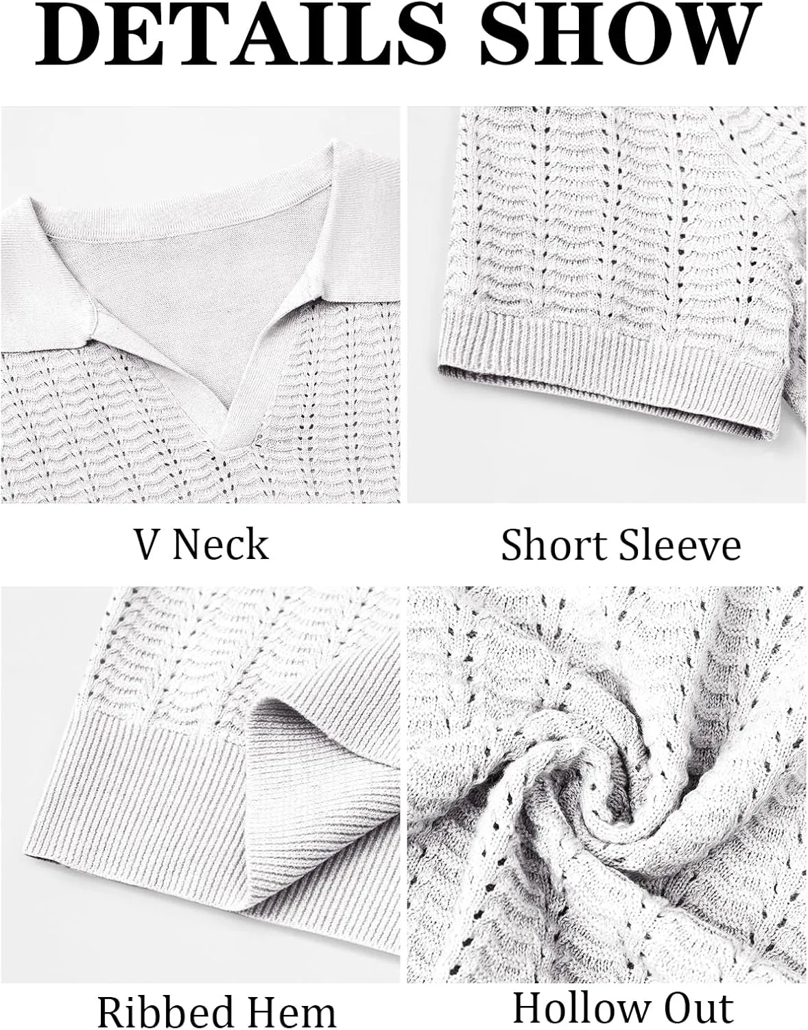 Runcati Mens Knit Short Sleeve Polo Shirts Casual V Neck Hollow Out Sweater Golf Summer Shirt