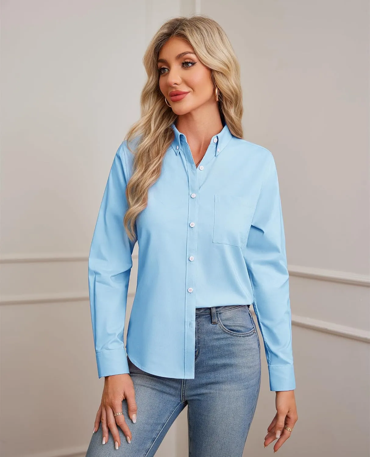 siliteelon Button Down Shirts Women Oxford Shirt Long Sleeve Stretch Dress Shirts Wrinkle Free Business Work Office Blouse