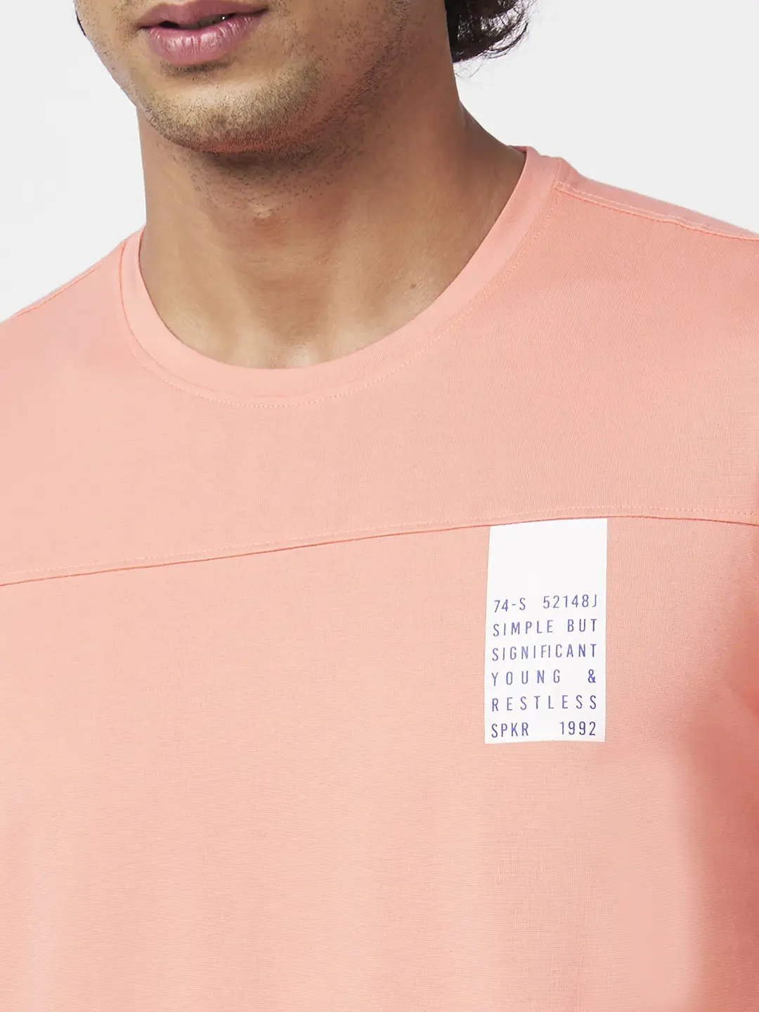 Spykar Men Peach Pink Blended Slim Fit Half Sleeve Round Neck Printed Tshirt