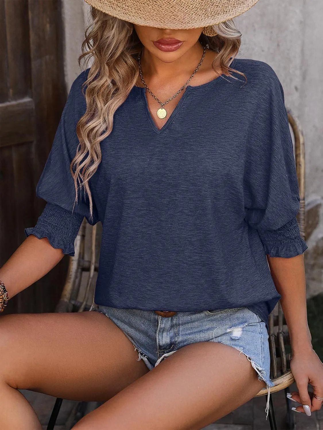 TAKEYAL Women's 2025 Fashion 3/4 Sleeve V Neck T-Shirts Cute Spring Summer Business Dressy Blouses Solid Basic Tee Tops
