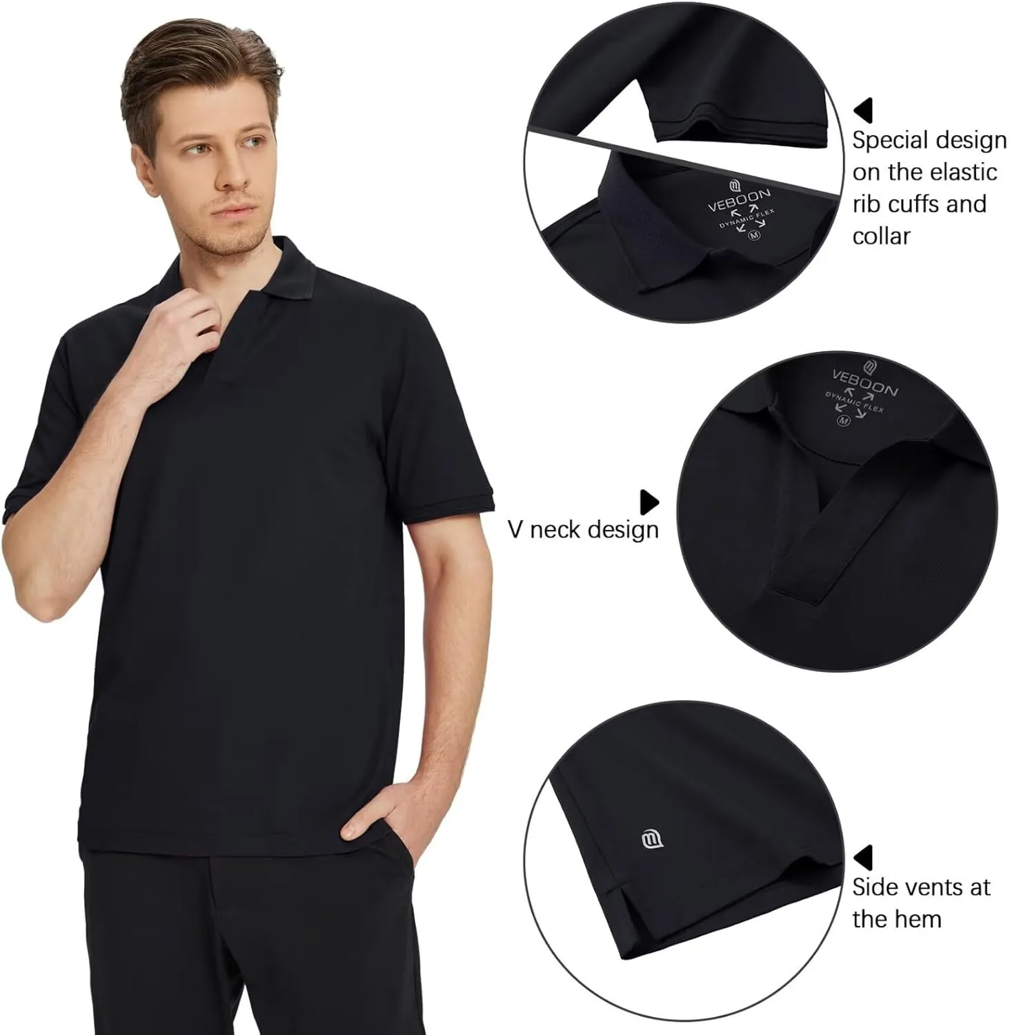 VEBOON Mens V Neck Polo Shirts Short Sleeve Lightweight Business Collared Shirts Performance Golf Polo Shirts for Men