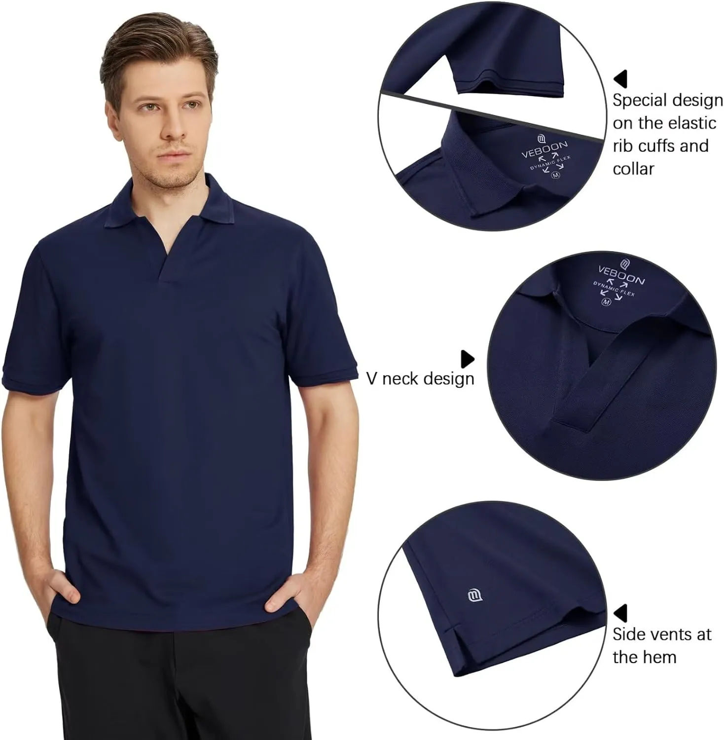 VEBOON Mens V Neck Polo Shirts Short Sleeve Lightweight Business Collared Shirts Performance Golf Polo Shirts for Men