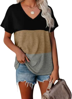 WEESO T Shirts for Women V Neck Summer Color Block Tops