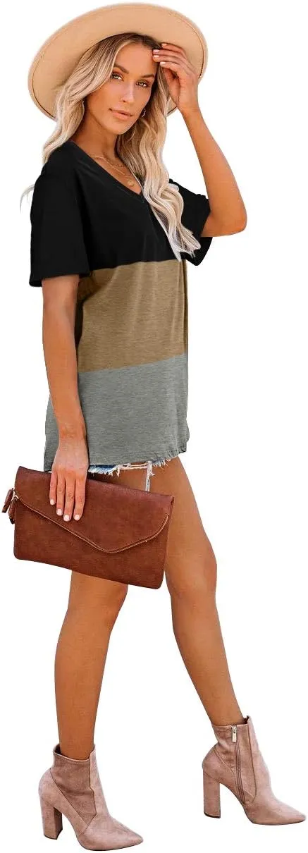 WEESO T Shirts for Women V Neck Summer Color Block Tops