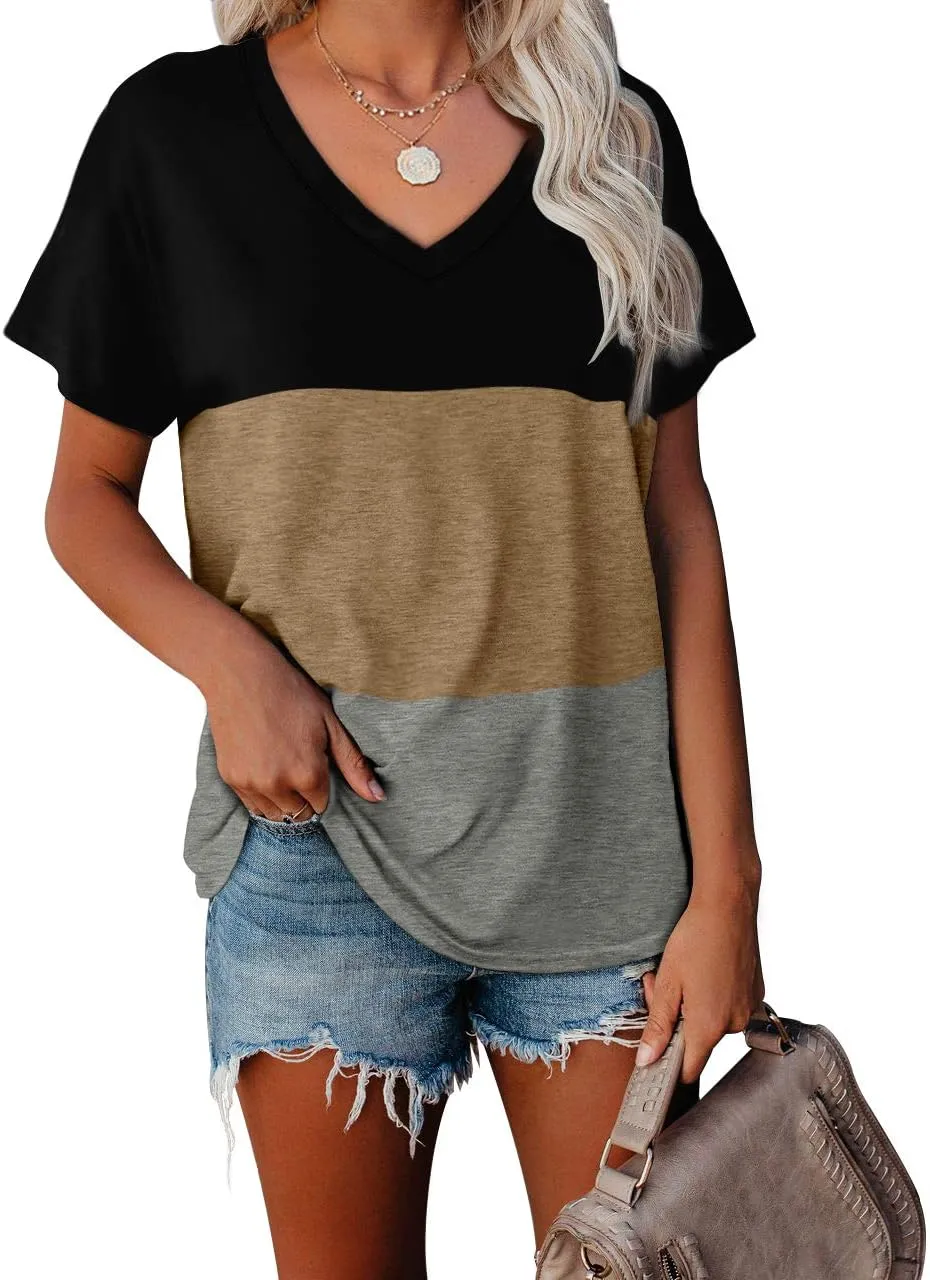 WEESO T Shirts for Women V Neck Summer Color Block Tops
