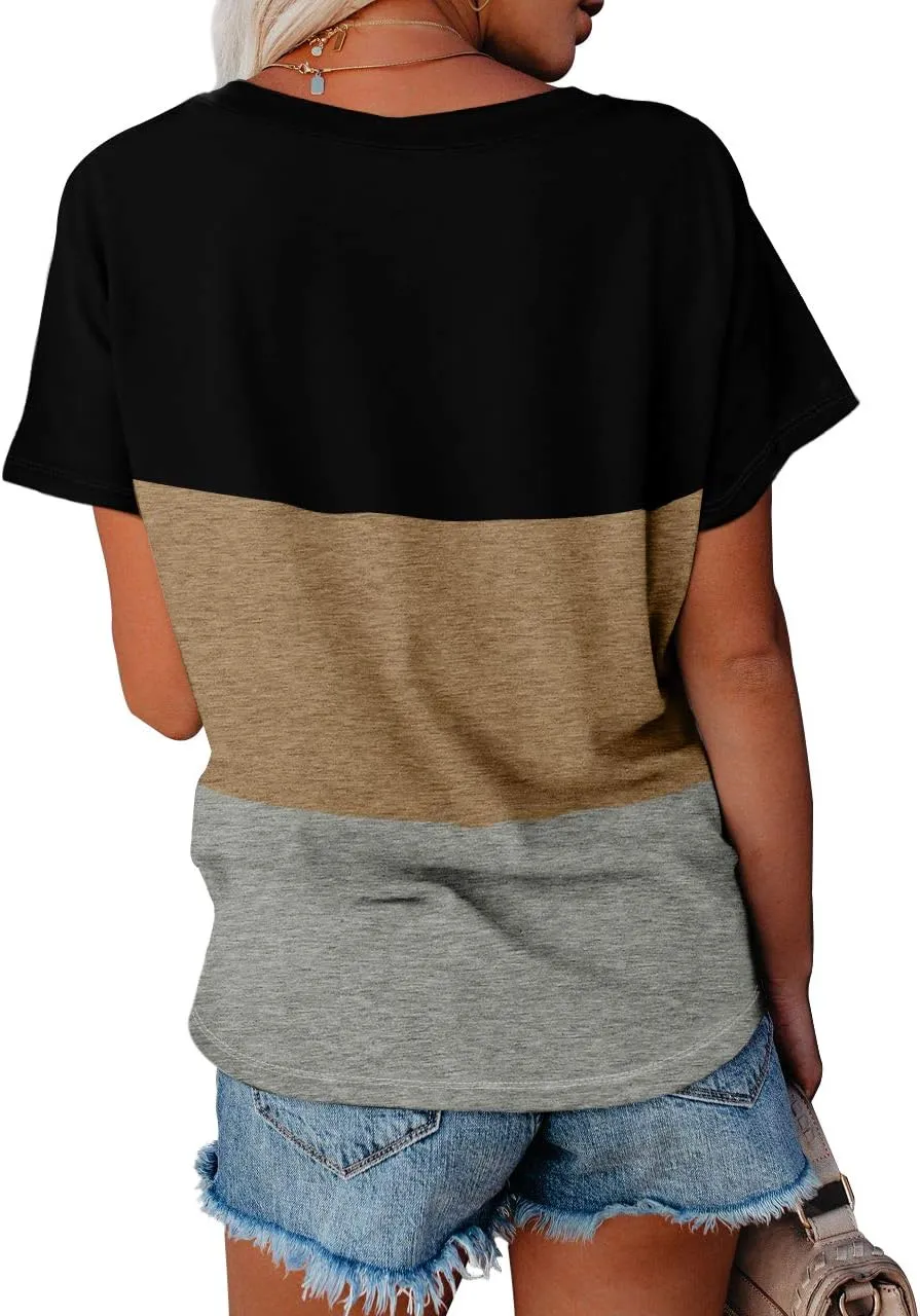 WEESO T Shirts for Women V Neck Summer Color Block Tops