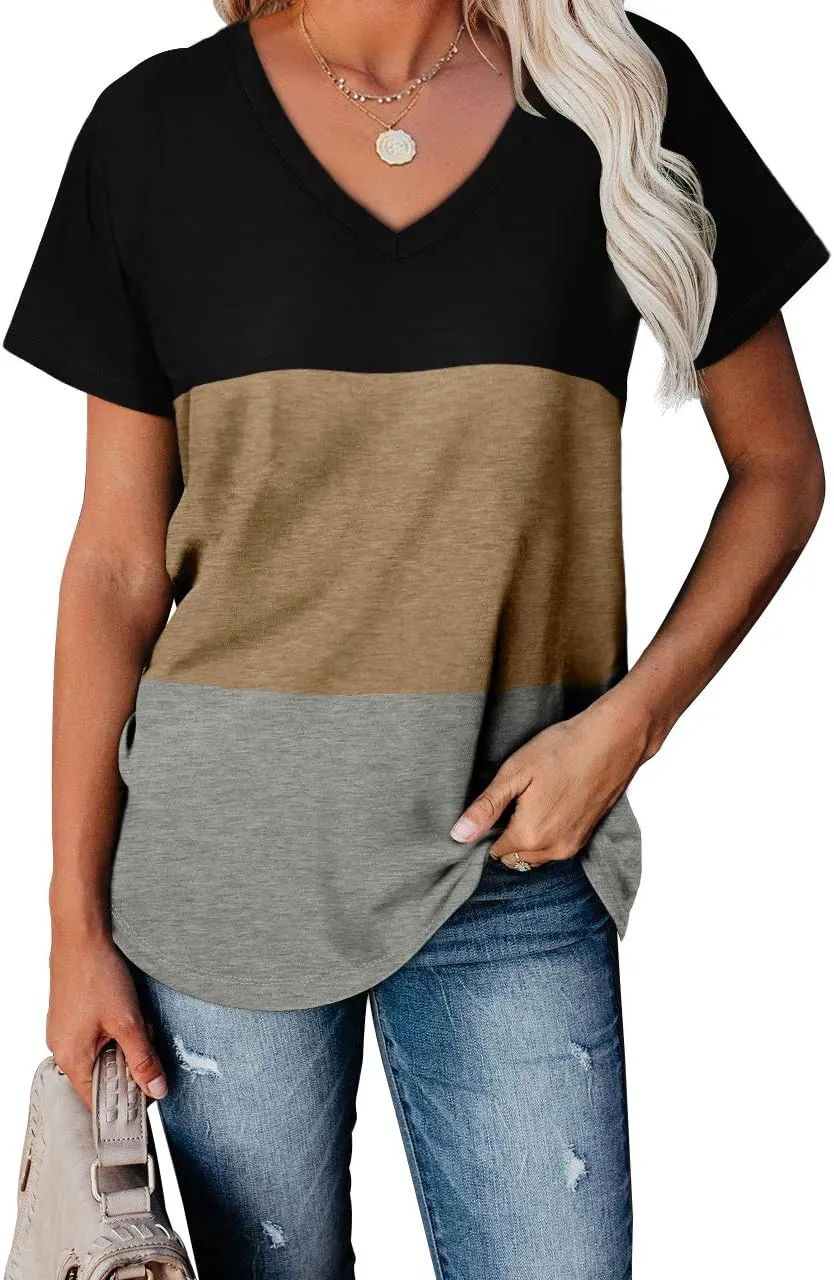 WEESO T Shirts for Women V Neck Summer Color Block Tops