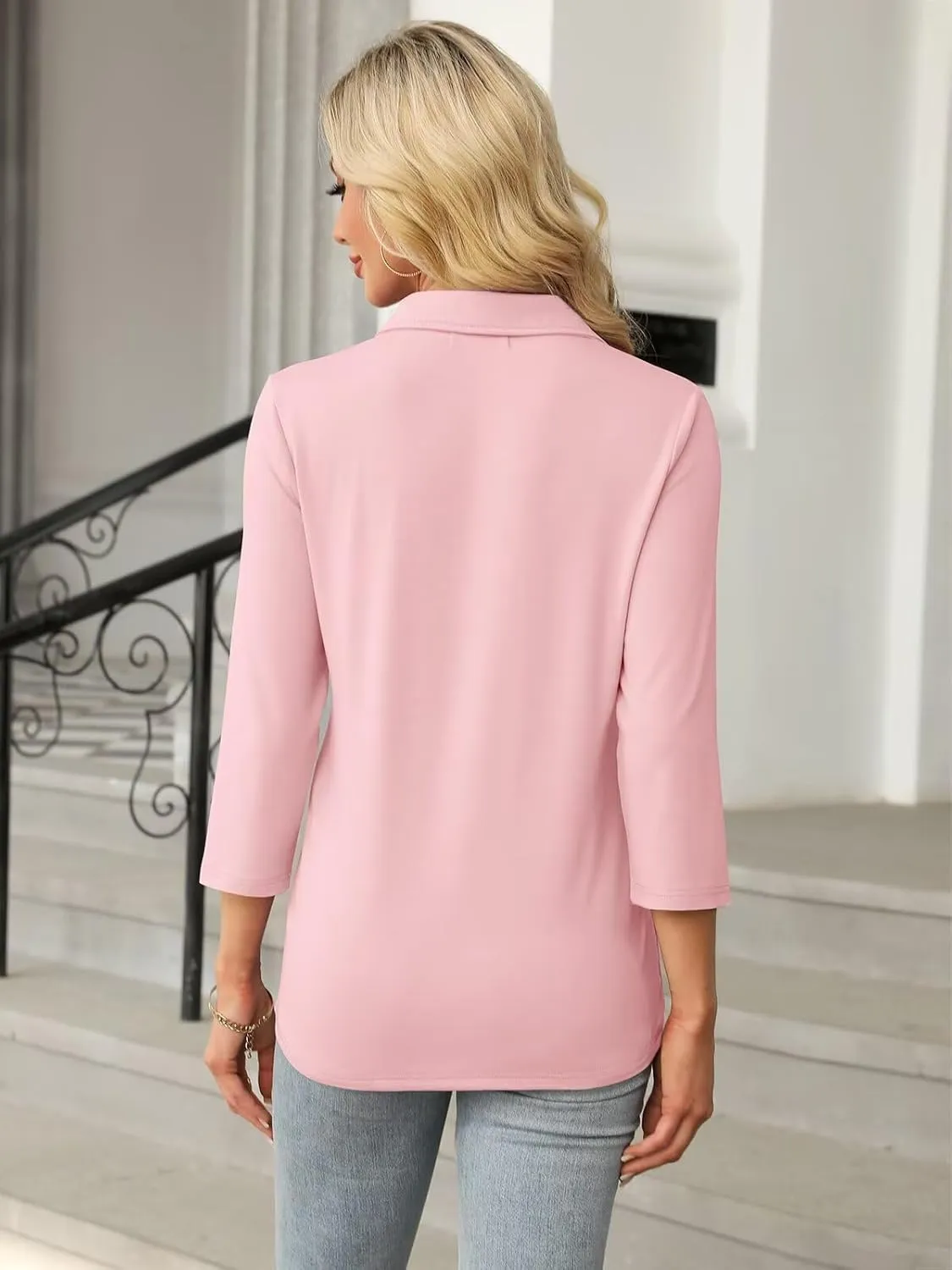 Women's 3/4 Sleeve Tops V Neck T Shirts Zipper Solid/Color Block Collared Polo Shirts