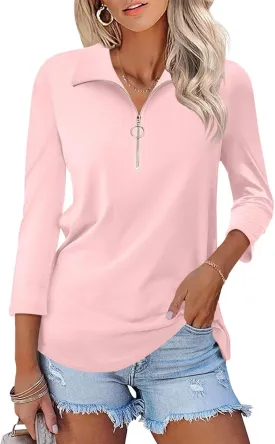 Women's 3/4 Sleeve Tops V Neck T Shirts Zipper Solid/Color Block Collared Polo Shirts