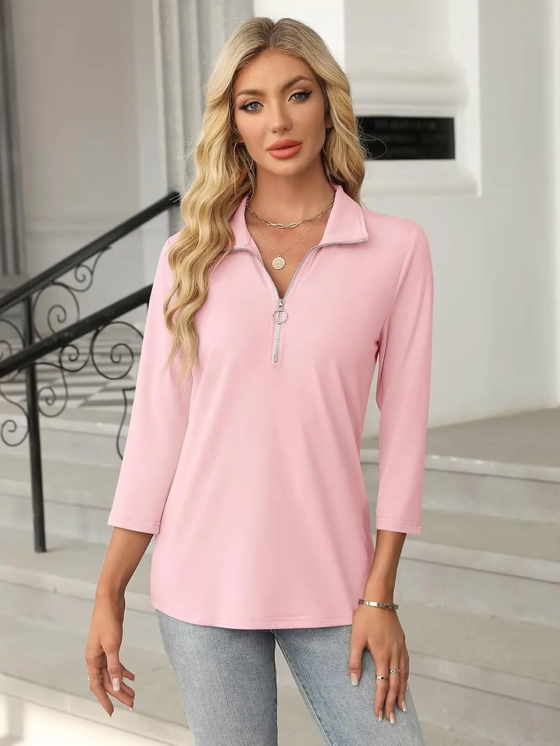 Women's 3/4 Sleeve Tops V Neck T Shirts Zipper Solid/Color Block Collared Polo Shirts