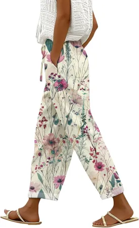 Womens Casual Linen Pants Elastic Waist Drawstring Trousers with Pockets Summer Beach Floral Pants