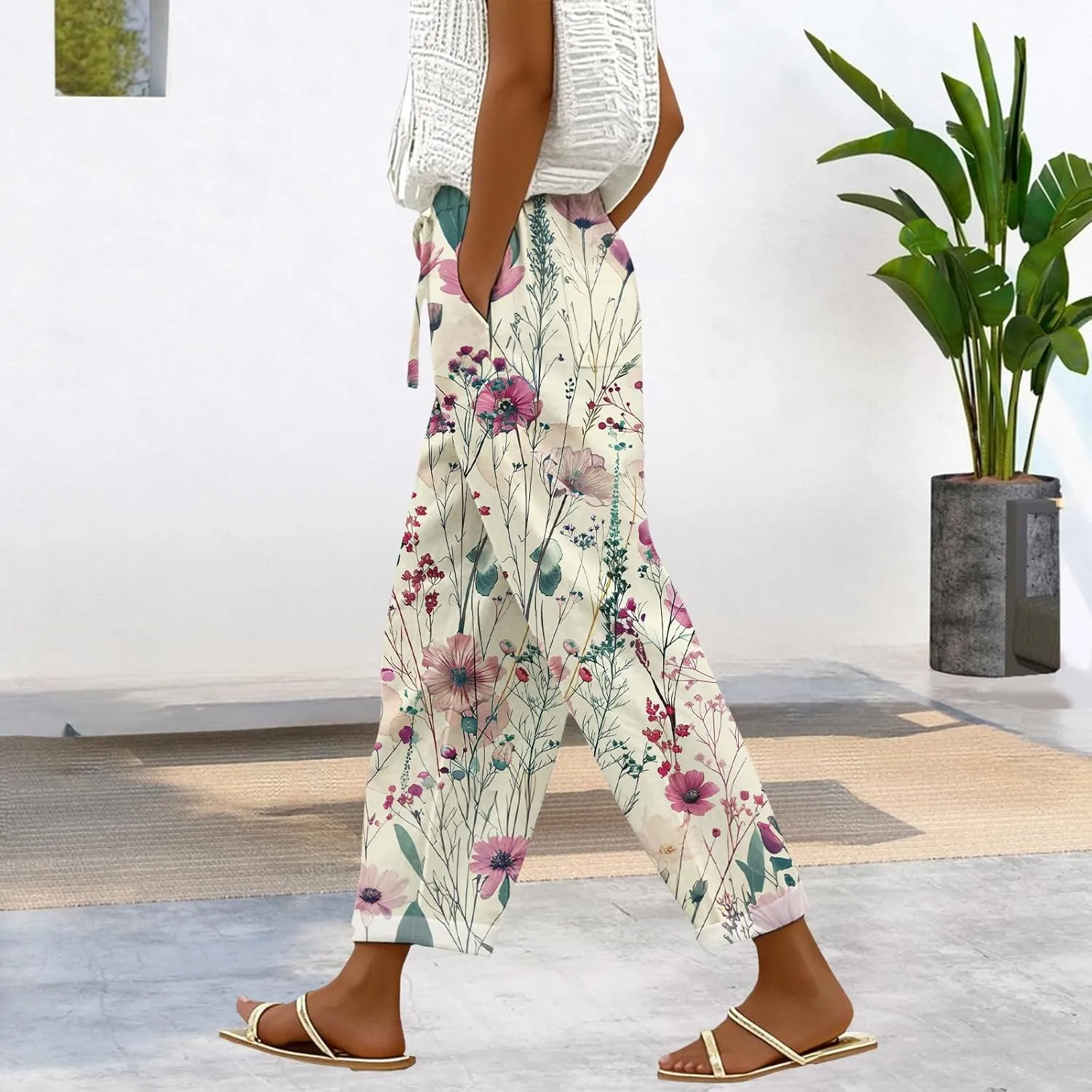 Womens Casual Linen Pants Elastic Waist Drawstring Trousers with Pockets Summer Beach Floral Pants