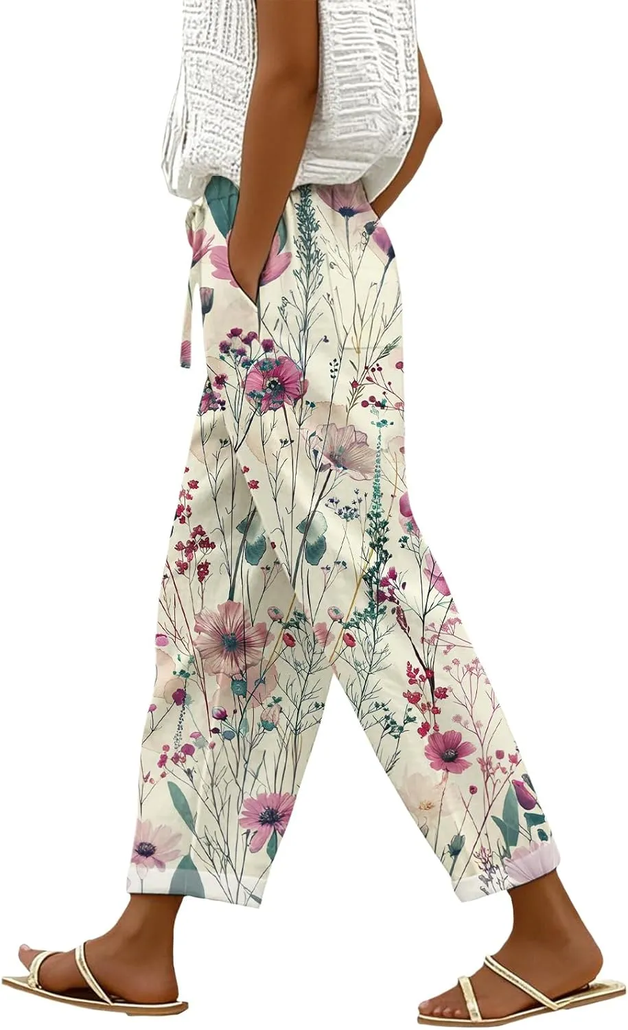 Womens Casual Linen Pants Elastic Waist Drawstring Trousers with Pockets Summer Beach Floral Pants
