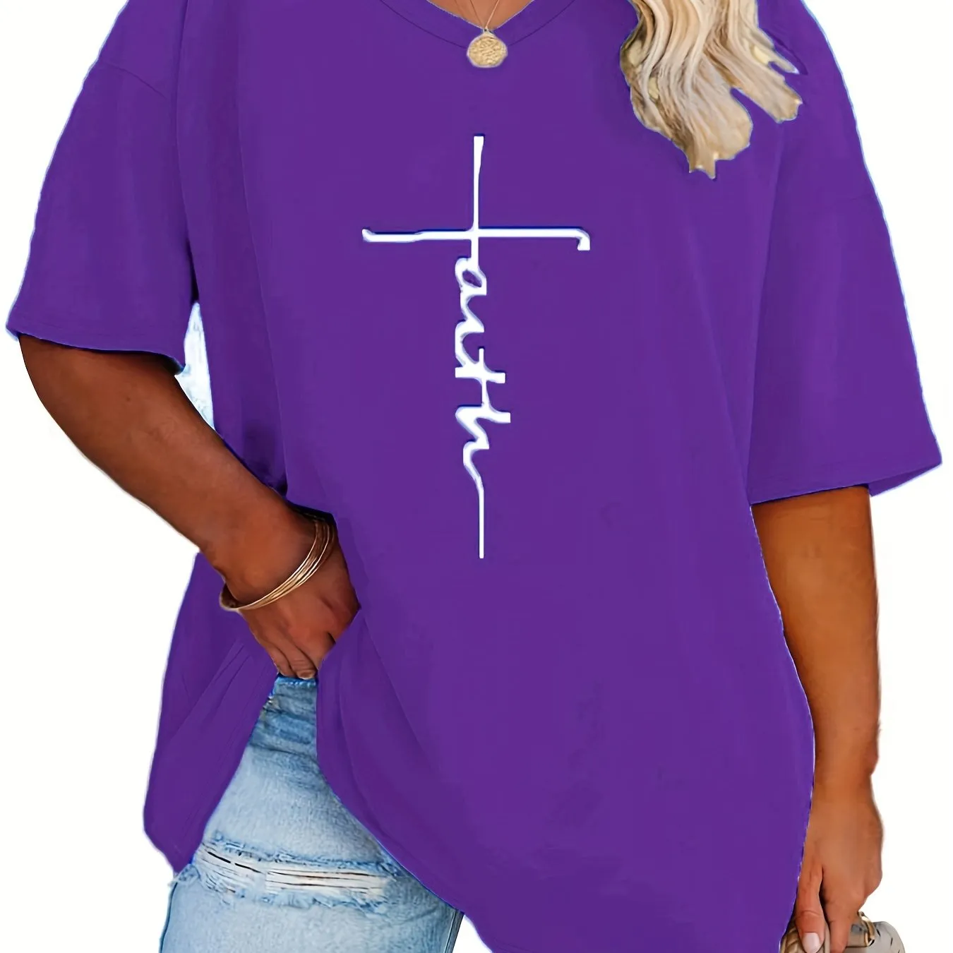 Womens Plus Size V Neck Letter Print Tshirt