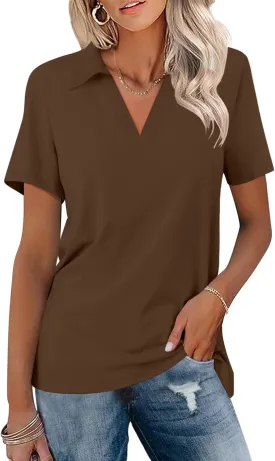 Women's Polo Shirts Short Sleeve V Neck Summer Tops Business Casual Collared Shirts Loose Tees