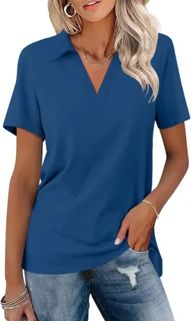 Women's Polo Shirts Short Sleeve V Neck Summer Tops Business Casual Collared Shirts Loose Tees