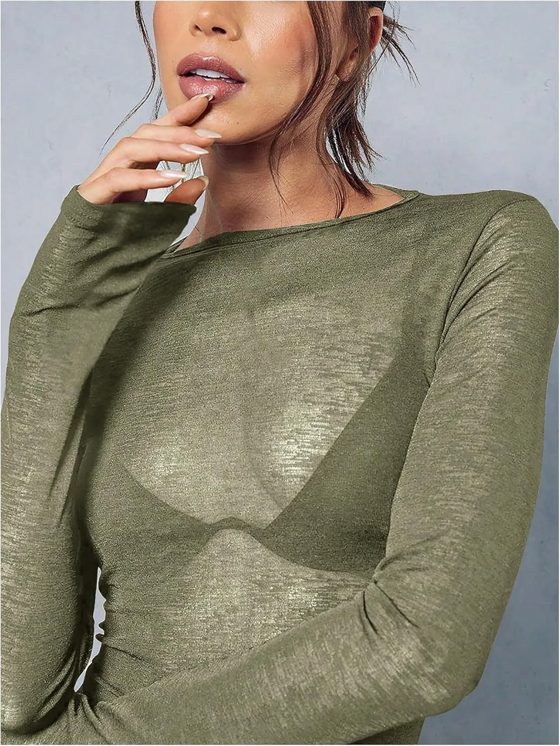 Women's Sheer Mesh Long Sleeve T Shirts Boat Neck Slim Fit Tee Tops Going Out See Through Shirts